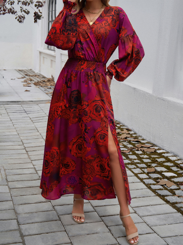 Mature Women Autumn And Winter Elegant V-neck High Waist Printed Dress