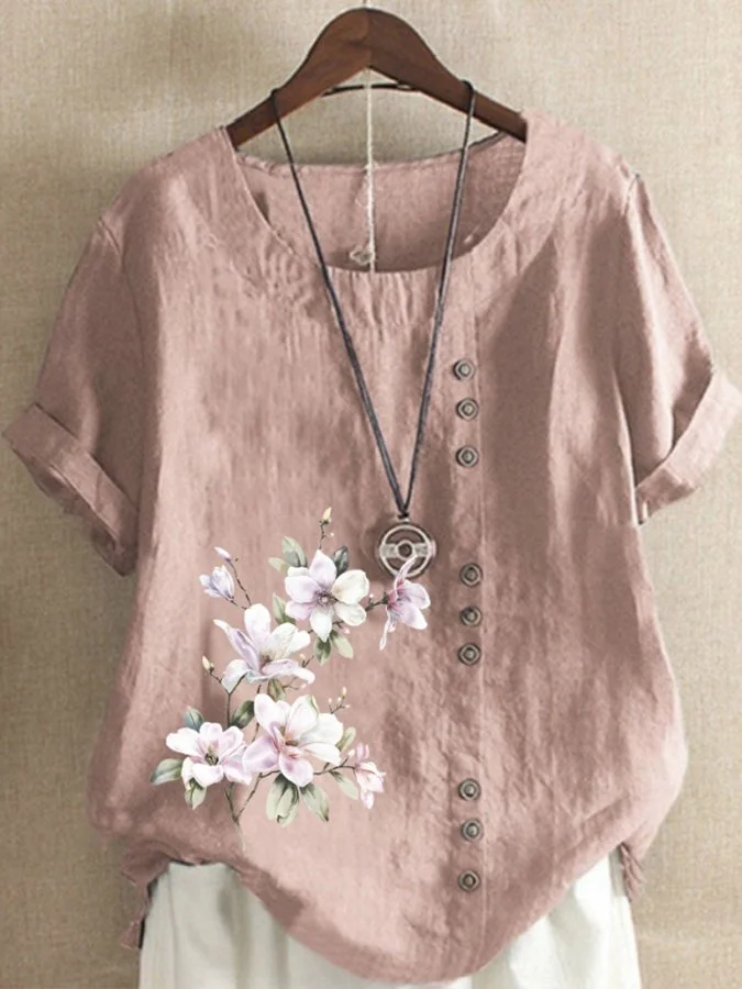 Women's Cotton Linen Button Casual Printed Shirt