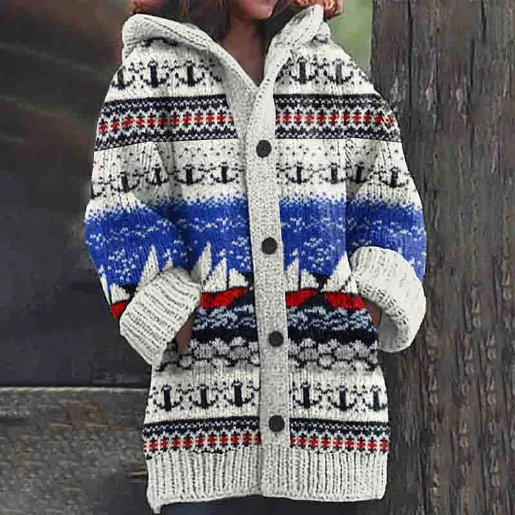 VChics Vintage Anchor Sailboat Print Cozy Knit Hooded Sweater Cardigan