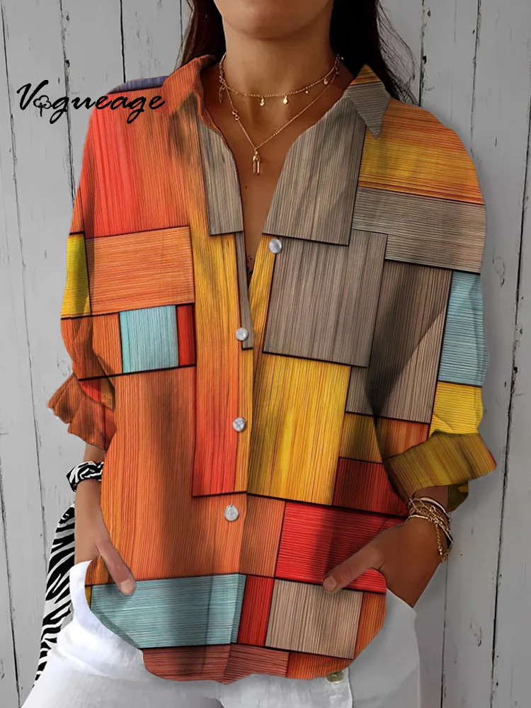 Beautiful And Gentle Soft Color Block Stitching Printed Cotton And Linen Shirt