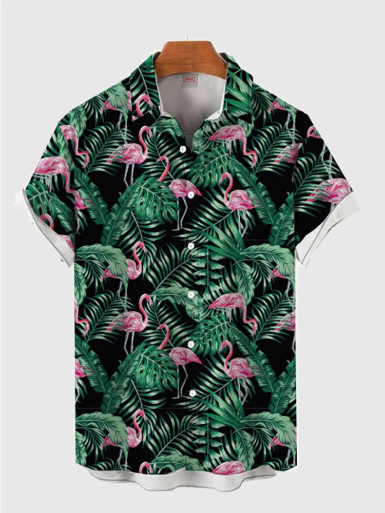 Full-Print Beach Style Palm Leaves and Pink Flamingo Printing Men's Short Sleeve Shirt