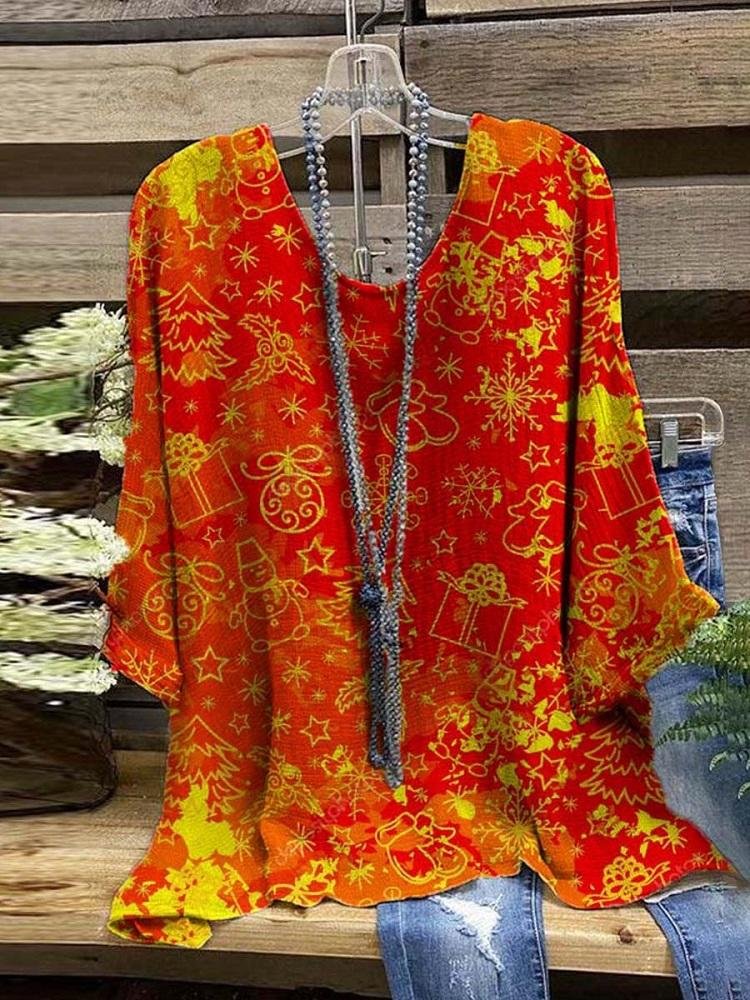 Women's Vintage Christmas Art Printed Half Sleeved Top