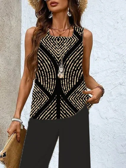 Women's Sleeveless Square Collar Graphic Printed Casual Set