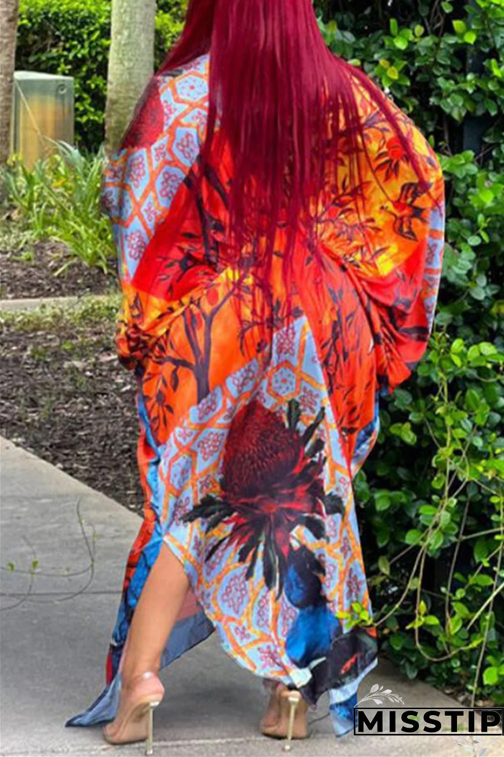 Red Gray Casual Print Patchwork V Neck Irregular Dress Plus Size Dresses