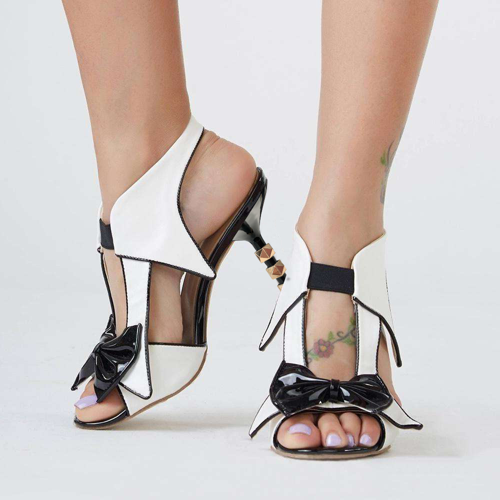 Black & White Peep Toe Decorative Heel Bow Slingback Summer Sandals Nicepairs