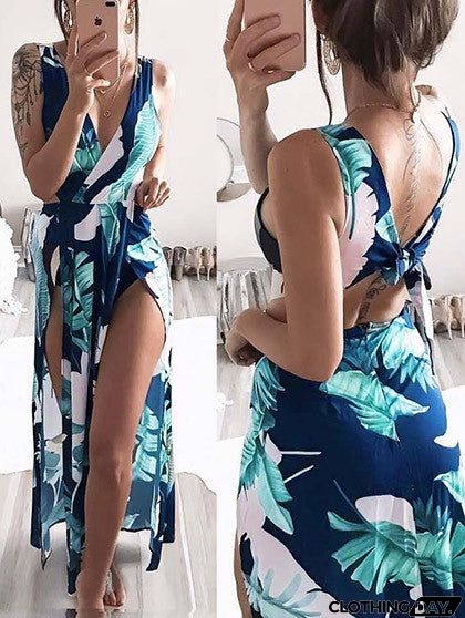 Deep V Plunge Leaves Print Maxi Dress