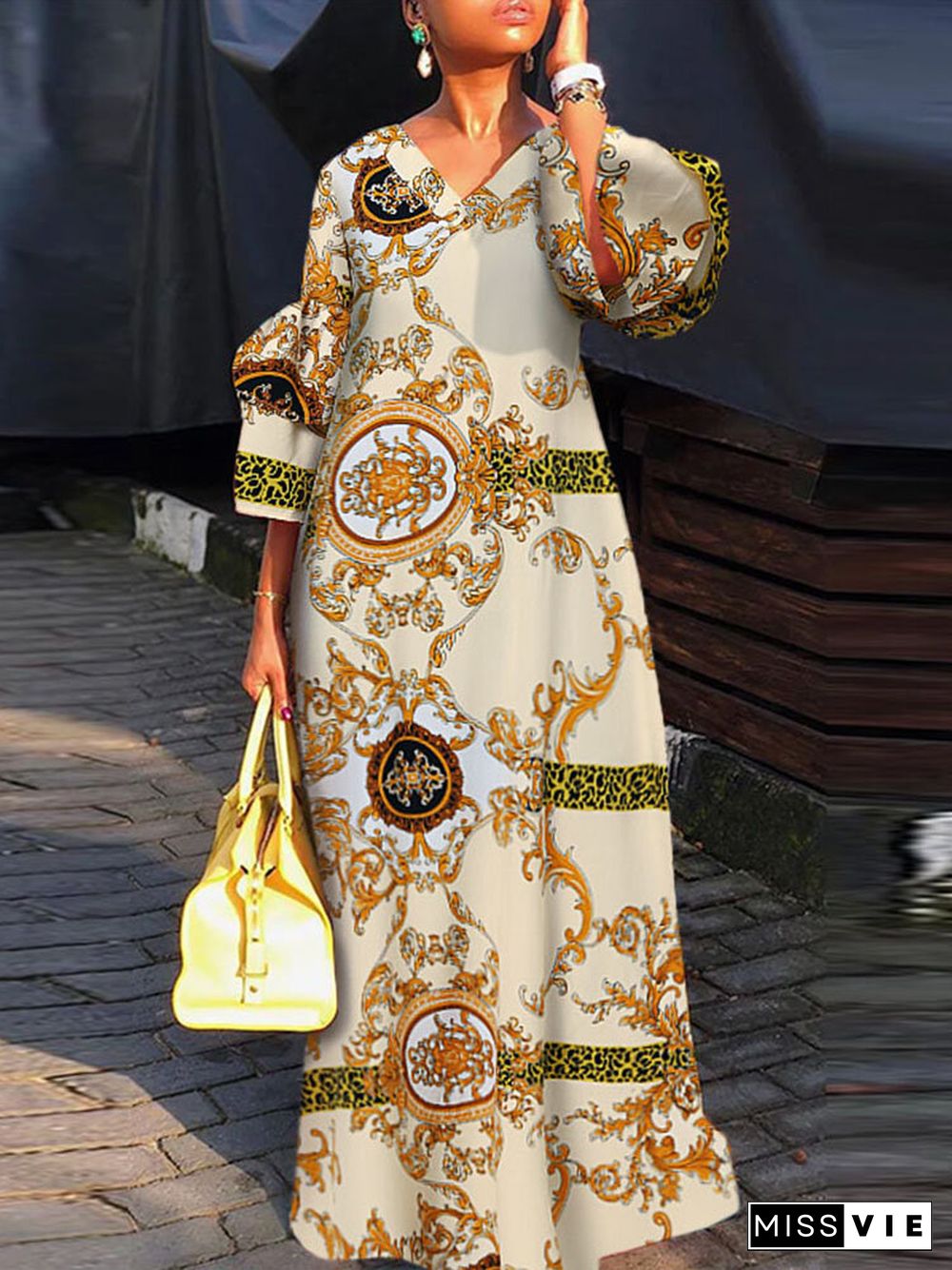 Tribal Pattern V-neck Loose Maxi Dress For Women