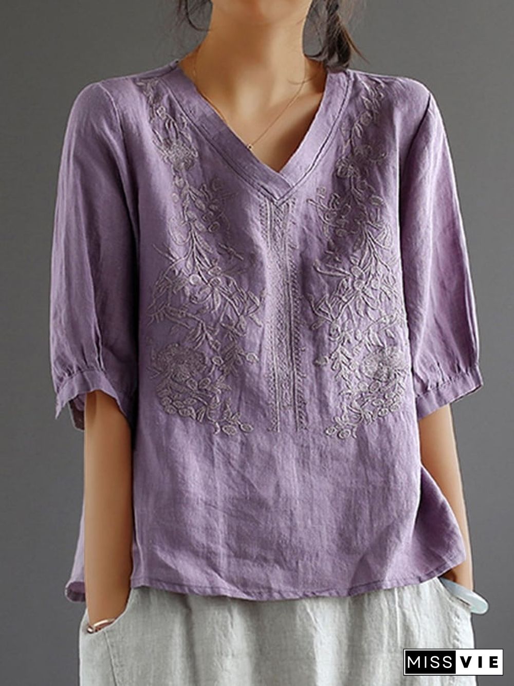 Cotton Embroidered Solid Color Quarter Sleeved Shirt