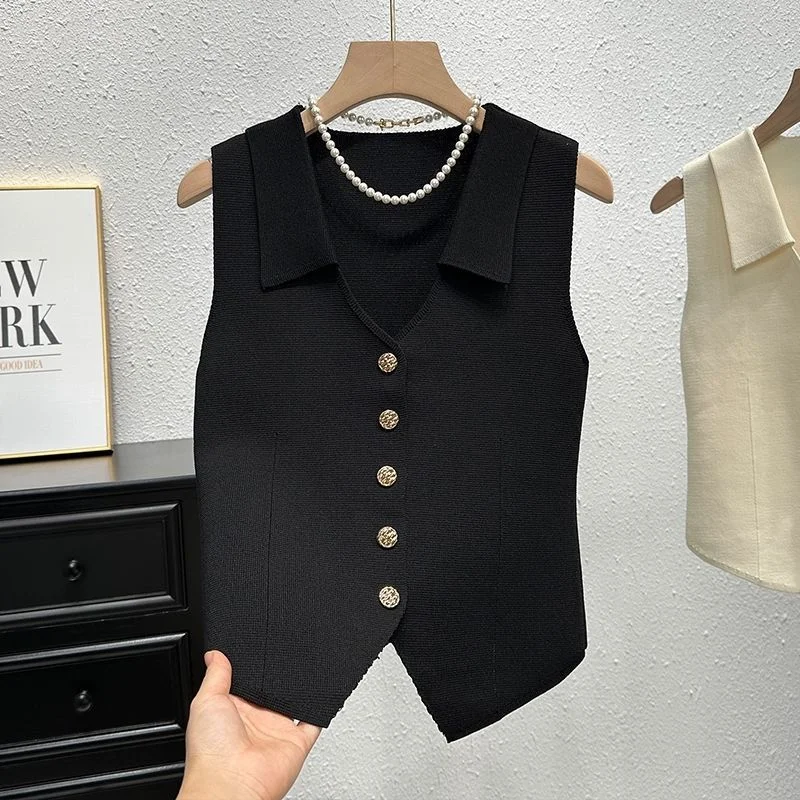 Uveng Uveng Version Of Knitted Vest Vest Women's Thin 2025 Summer Outside The Shoulder Horse Clip Cardigan Flipped Sleeveless Top