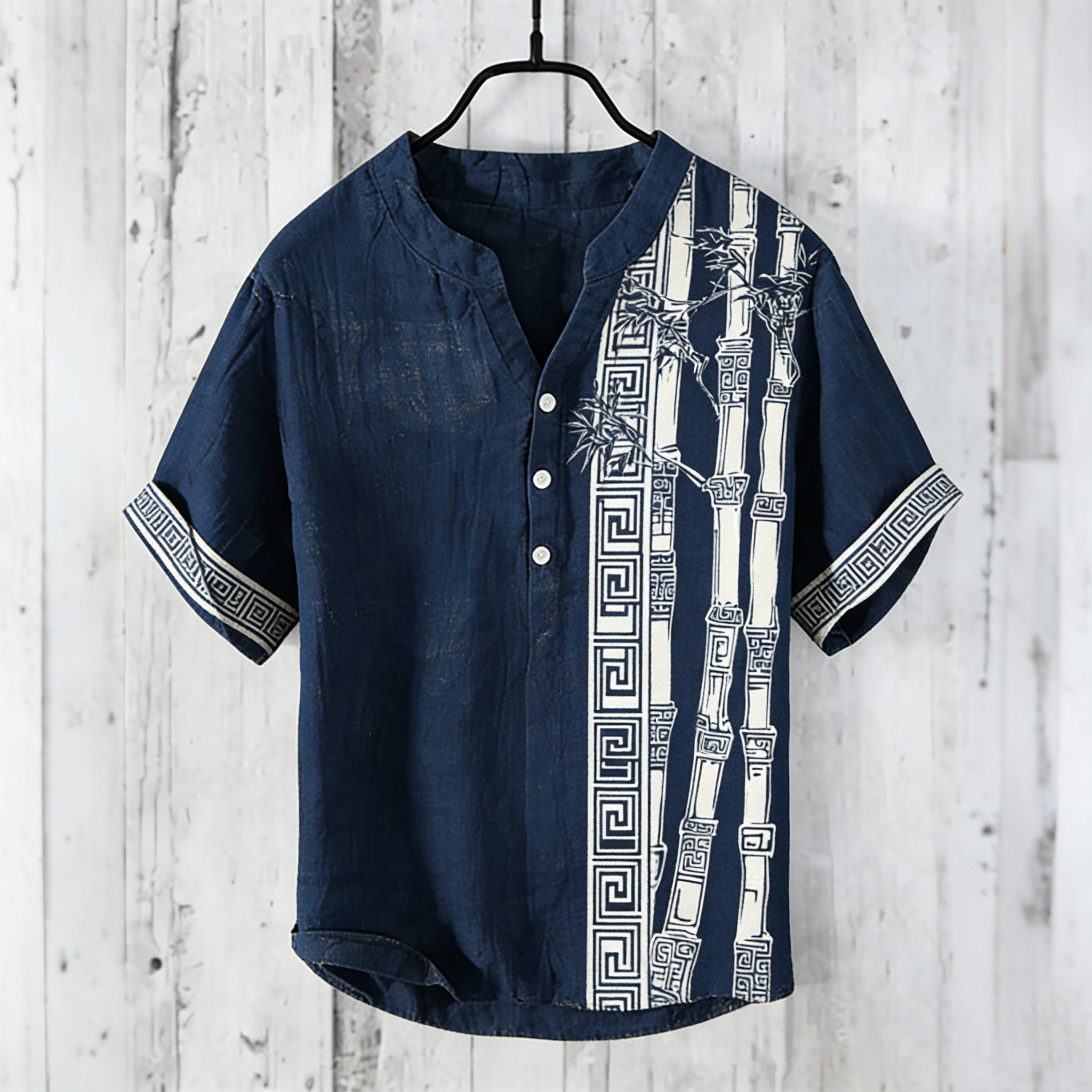 Comstylish Men's Retro Bamboo Art Pattern Casual Linen Short-sleeve Shirt