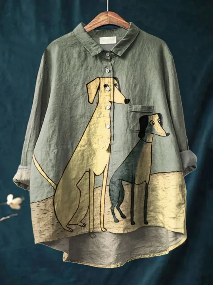 Womens Fun Abstract Puppy Print Casual Cotton And Linen Shirt
