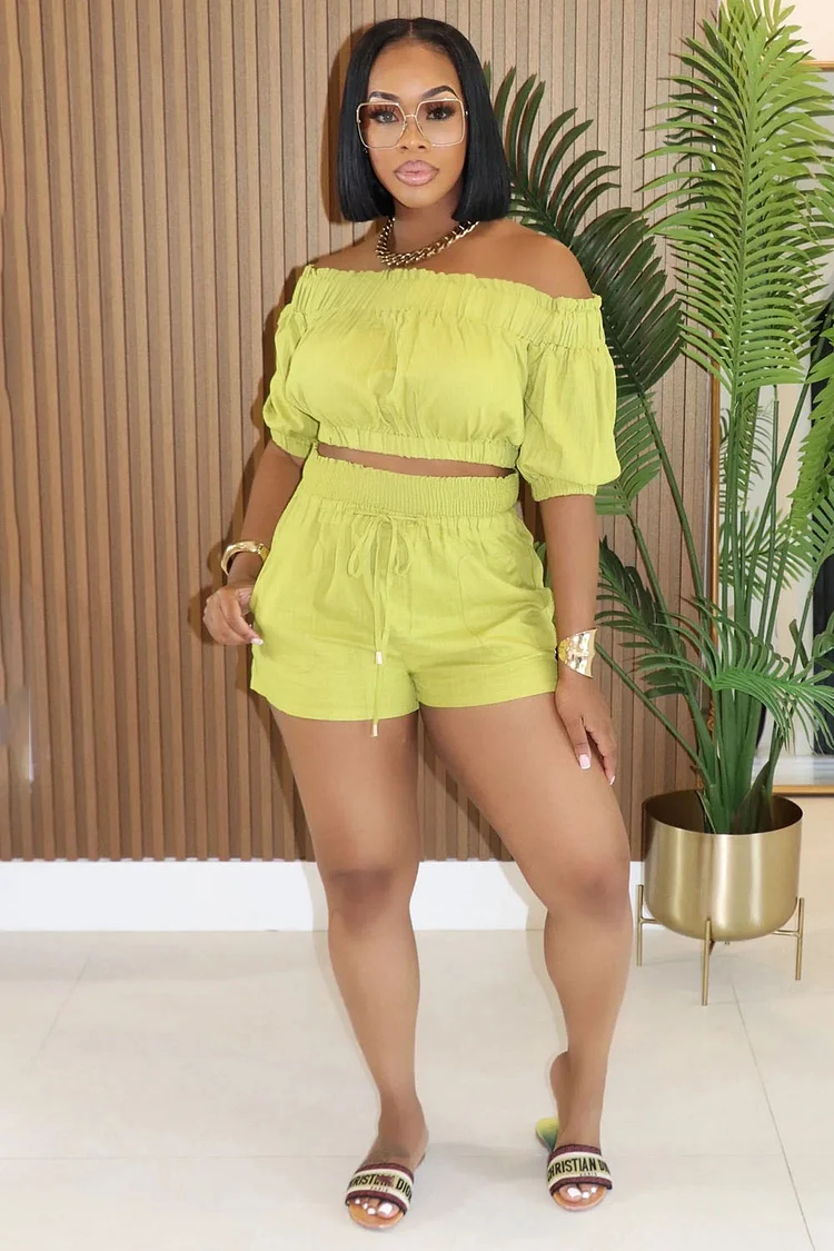 Off Shoulder 3/4 Sleeve Crop Top Shorts Daily 2pcs Set-White [Pre Order]