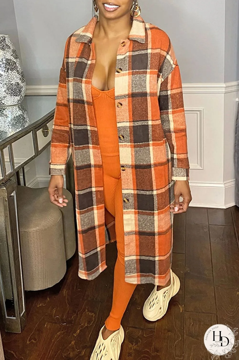 Orange Casual Plaid Patchwork Turndown Collar Outerwear