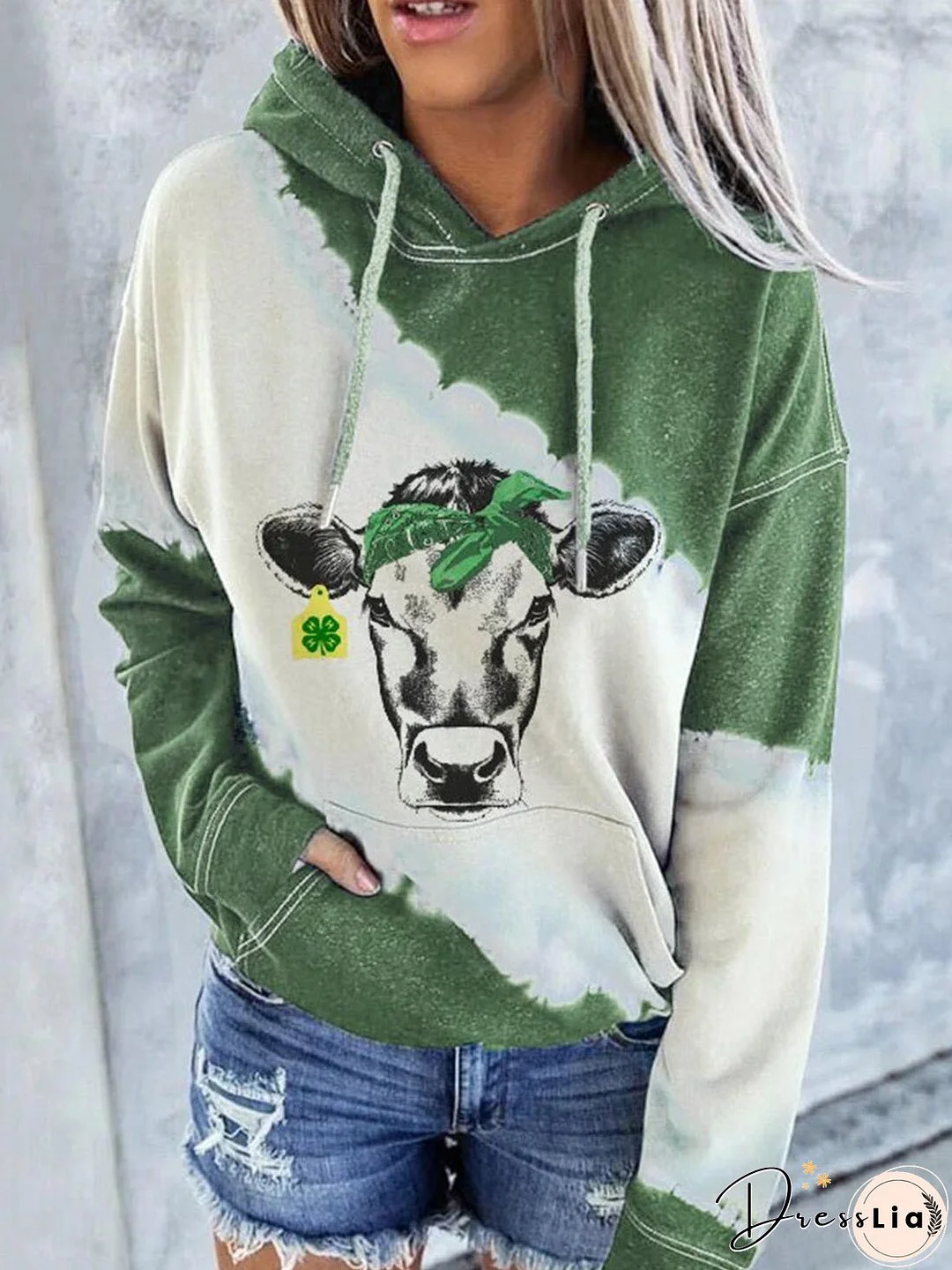 Cow Print Pocket Long Sleeve Hoody