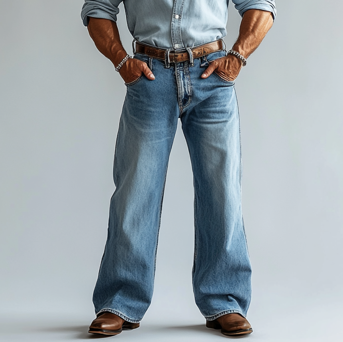 Men's Casual Washed Denim Pocket Wide Leg Jeans