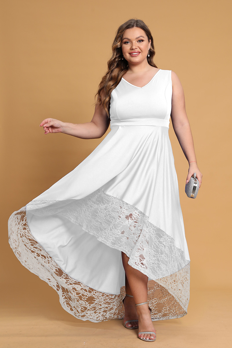Plus Size Formal White Lace Hem V Neck Sleeveless Tunic Maxi Dress 2024 - Flycurvy 