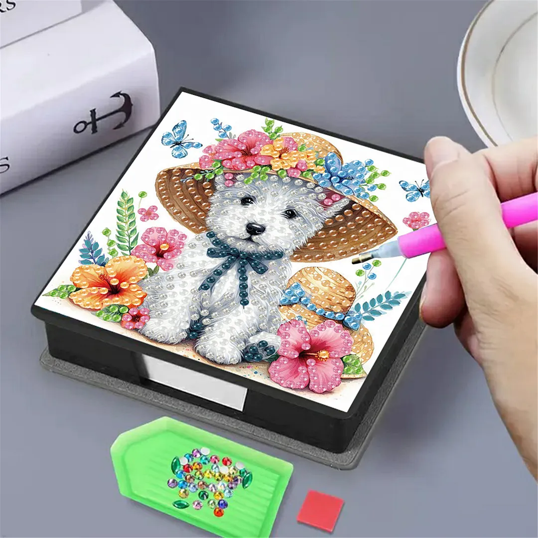 5D Puppy DIY PU Diamond Painting Notecard Box with 160 Sheets Paper Note Holder