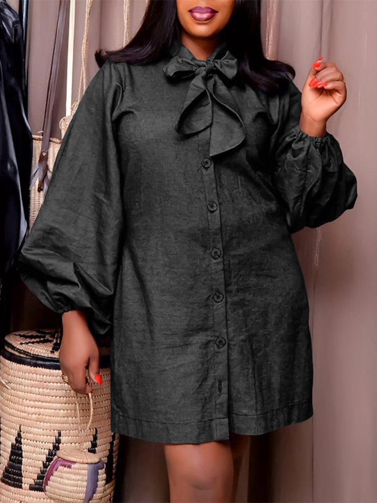 Large size solid color neckline tie long sleeve women's dress SKUI21833 QueenFunky