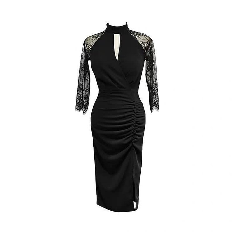 Slim Hollow Out Lace Sleeve Ruffled Split Office Dress - Modakawa modakawa