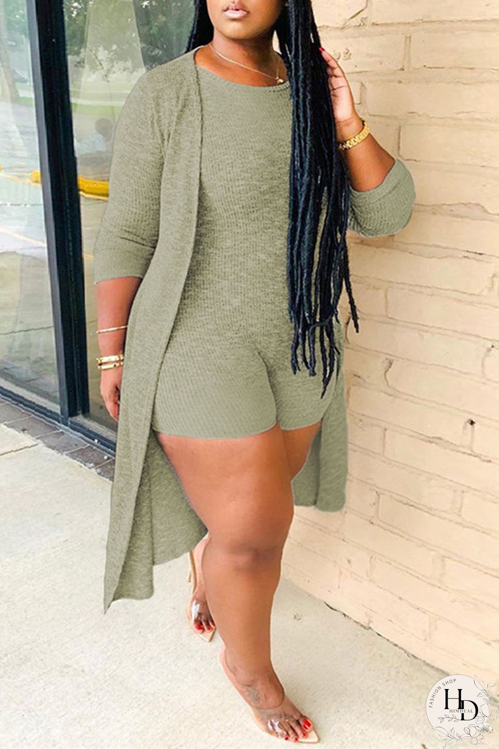 Grey Fashion Casual Solid Cardigan O Neck Plus Size Two Pieces