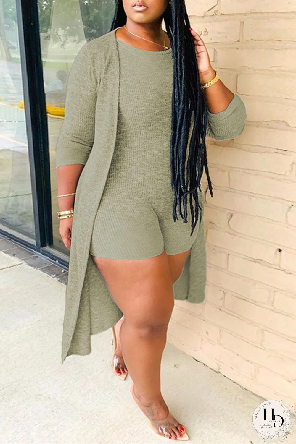 Grey Fashion Casual Solid Cardigan O Neck Plus Size Two Pieces