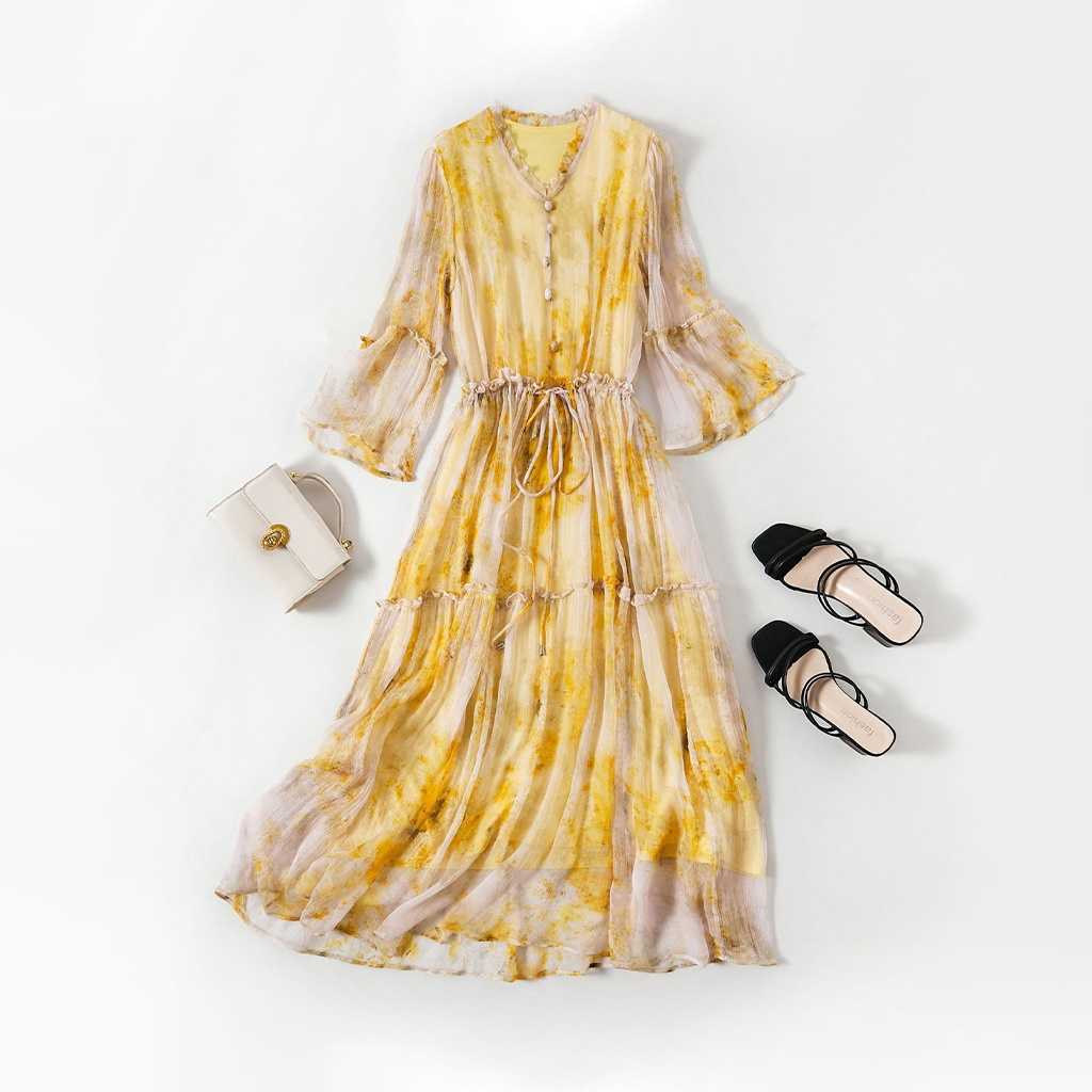 Yellow Silk Dress V Neck REAL SILK LIFE
