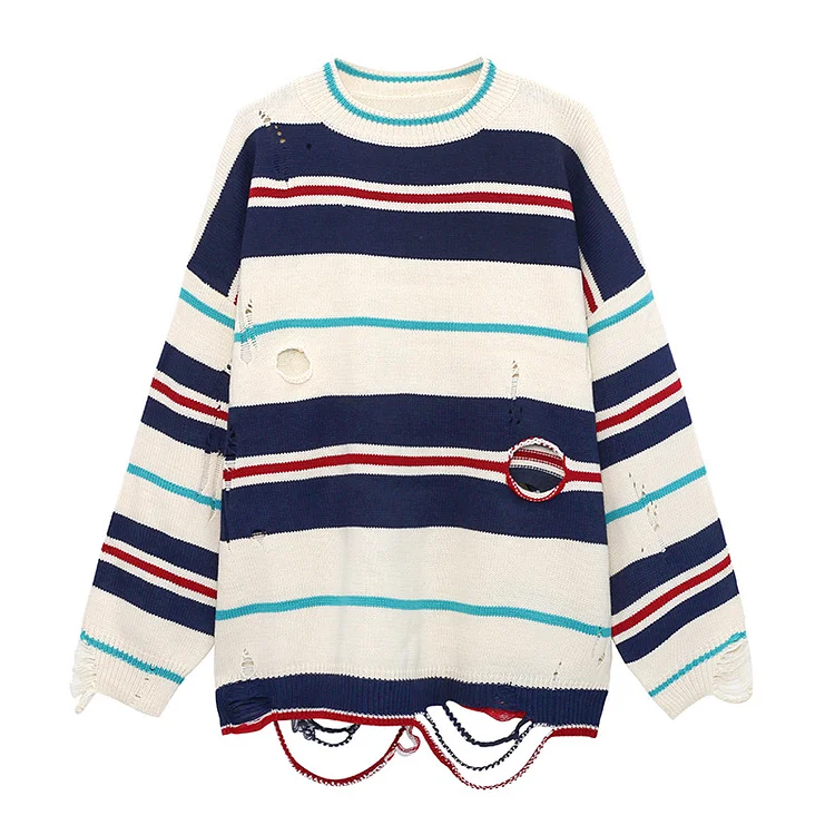 Ripped Casual Striped Knitted Sweater - yankia