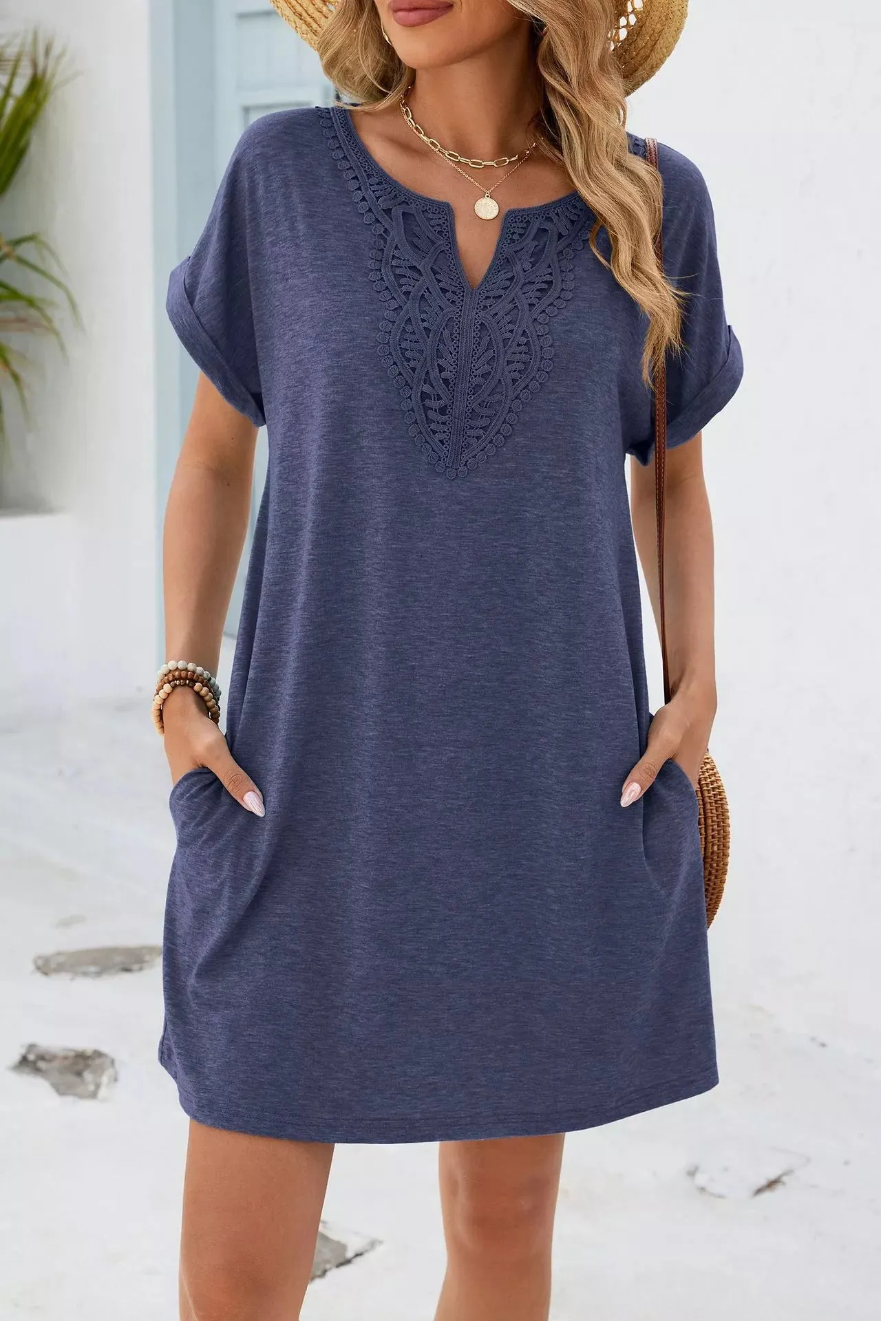 Lace Trim Notched Short Sleeve Dress mysite idetrend
