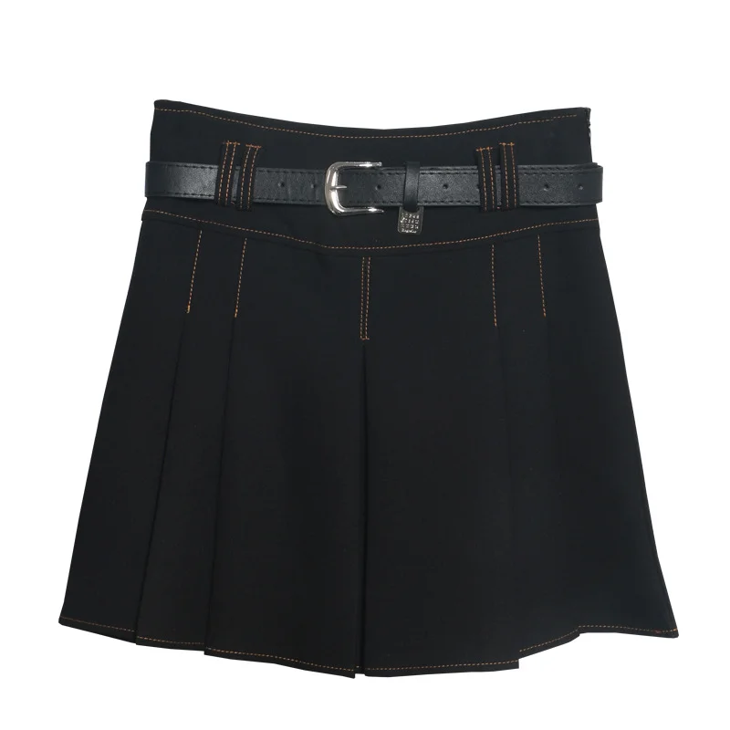 Uveng Spring And Summer Women's Retro Modern Hit Color Clear Line Pressure Skirt Anti-Light Short Skirt With Belt 8299