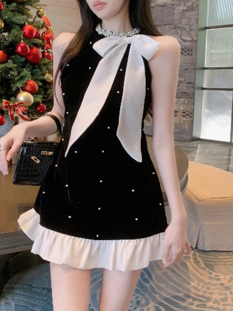 Elegant Dresses Women Sweet Fashion Bow Halter Beaded Vintage French Style Chic Sexy Mini Dress Patchwork Female Aiertu