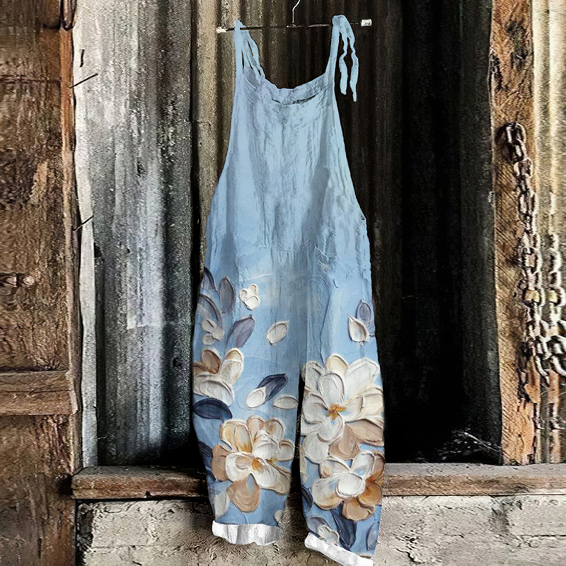 Vintage Watercolor Floral Art Linen Blend Loose Casual Jumpsuit