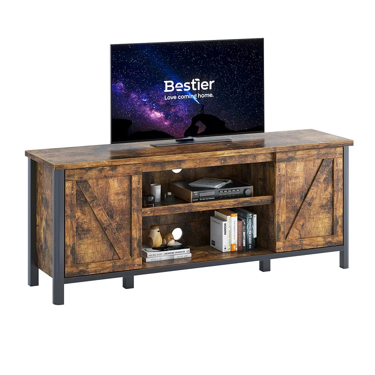 Bestier TV Stand Sliding Doors cabinets & Open Shelves | Rustic tv Cabinet with Storage | Entertainment Media Console Center Table for 65 inch tv (Brown No LED)