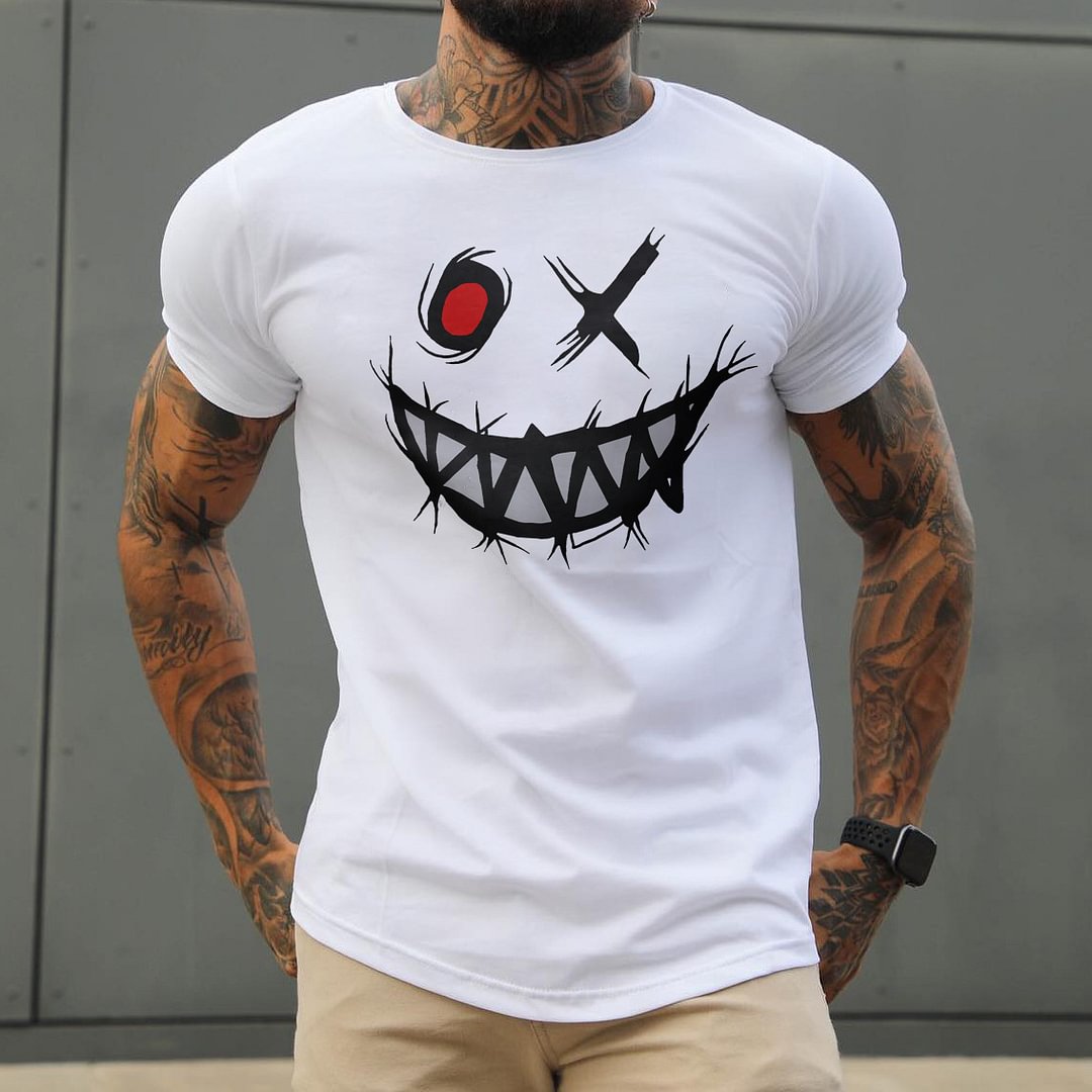 Men's Smile Print Basic Round Neck Cotton T-Shirt、、URBENIE