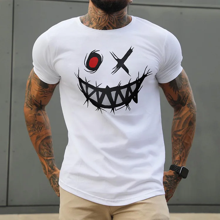 Men's Smile Print Basic Round Neck Cotton T-Shirt