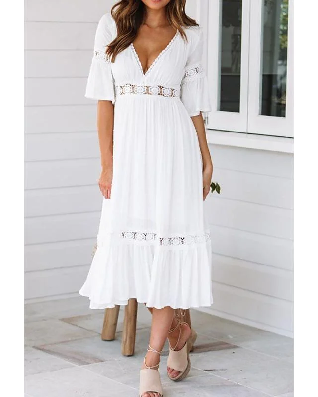 Women's Swing Dress Midi Dress - Half Sleeve Solid Colored Summer Spring & Summer V Neck Hot Beach vacation dresses Flare Cuff Sleeve 2020 White S M L XL / Sexy