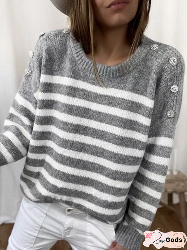 Crew Neck Casual Vintage Striped Sweater