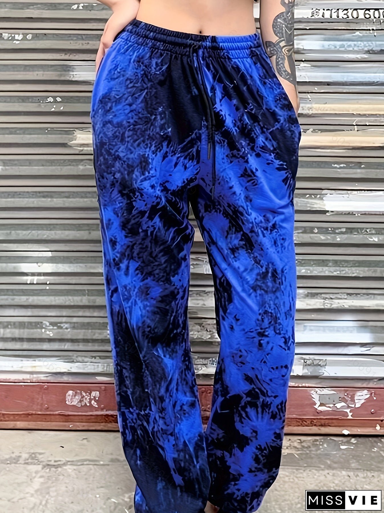 Plus Size Casual Pants, Women's Plus Tie Dye High Waist Harem Drawstring Pants With Pockets