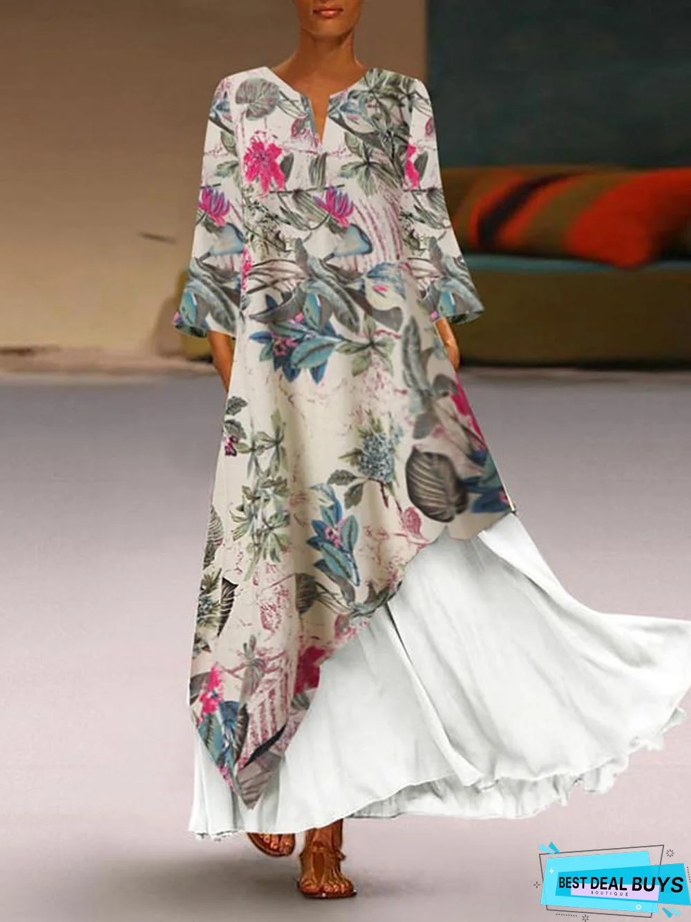 Women's Swing Dress Maxi Long Dress Long Sleeve Color Block V Neck Plus Size Hot White Yellow