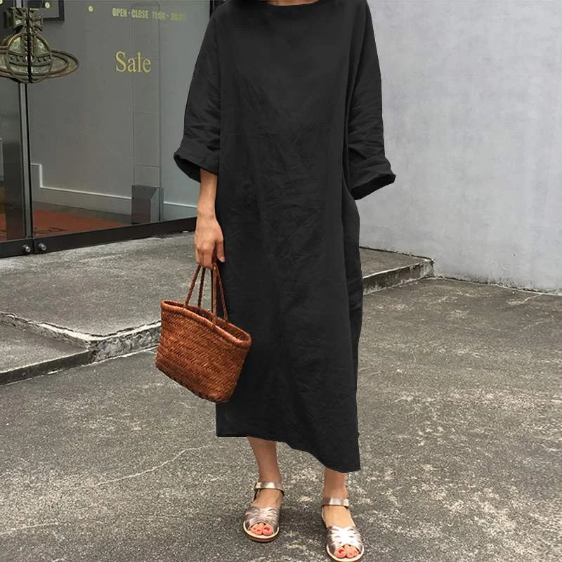 ZANZEA Women Cotton Dress Spring O neck Long Sleeve Casual Sundress Elegant Solid Party Vestidos Kaftan  Dresses