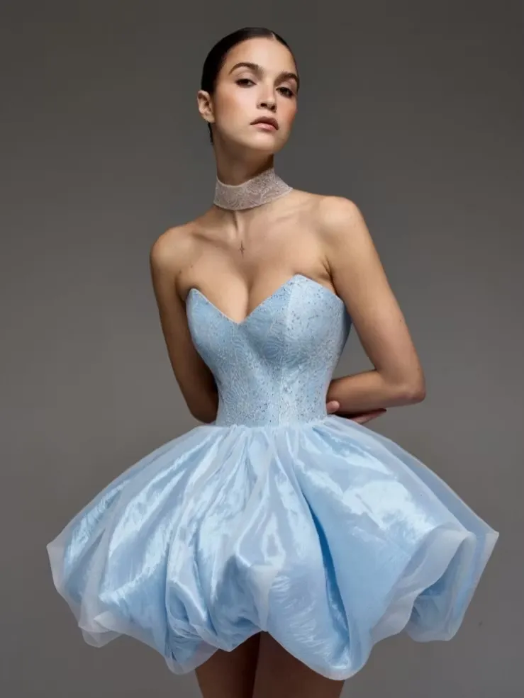 Glamorous Sky Blue V-Neck Strapless Sweetheart Sleeveless Short Ball Gown Homecoming Dress | JZ0238 Wellcucu