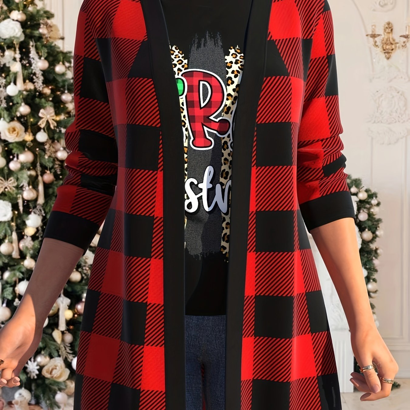 Plaid Print Open Front Cardigan, Casual Long Sleeve Cover Up Cardigan, Women's Clothing