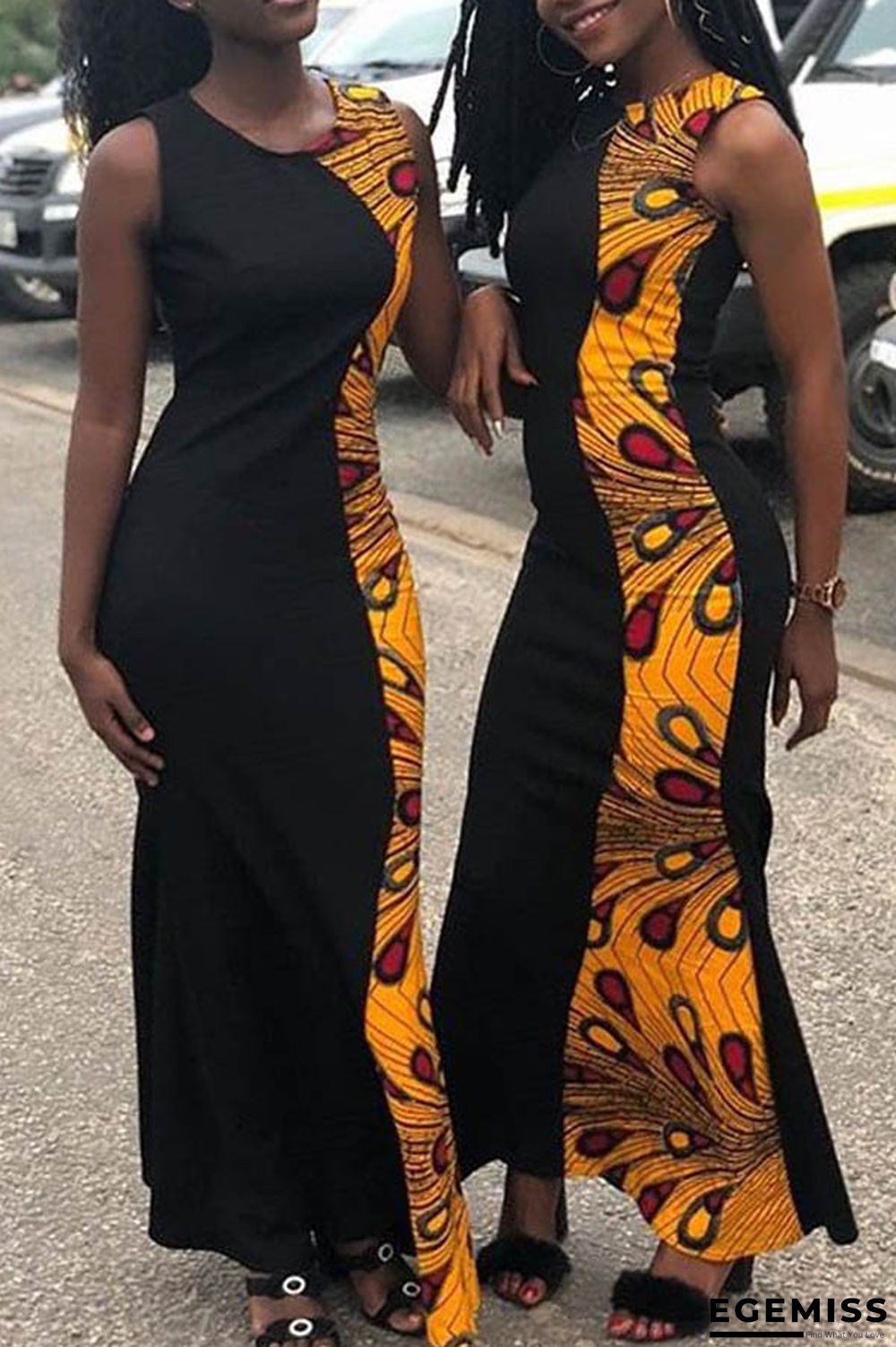 Black Casual Printed Patchwork Ankle Length Dress | EGEMISS