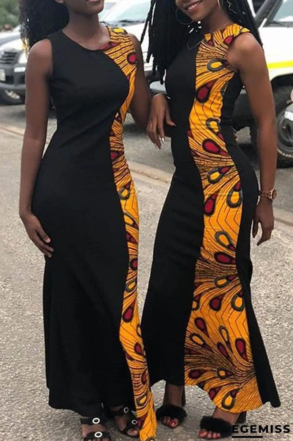 Black Casual Printed Patchwork Ankle Length Dress | EGEMISS