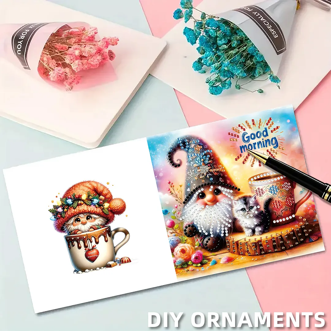 6pcs Good Morning Goblin DIY Diamond Painting Kit Greeting Card with Envelope Diamond Art Painting Greeting Cards for Family Friends Holiday Gift Congratulations
