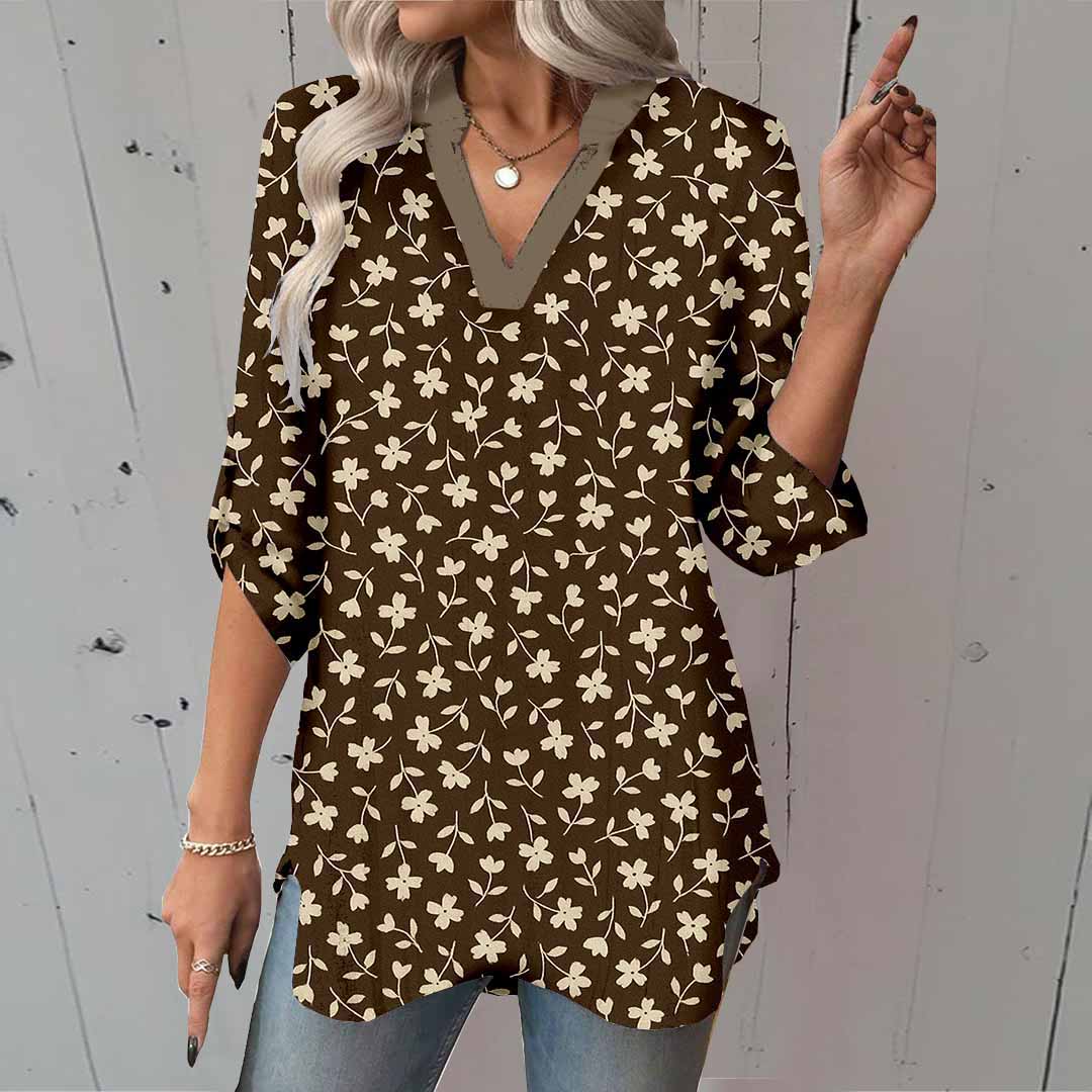 Women Floral,Beige DZGA0018 3/4 Sleeve V-neck Printed Graphic Button Tops