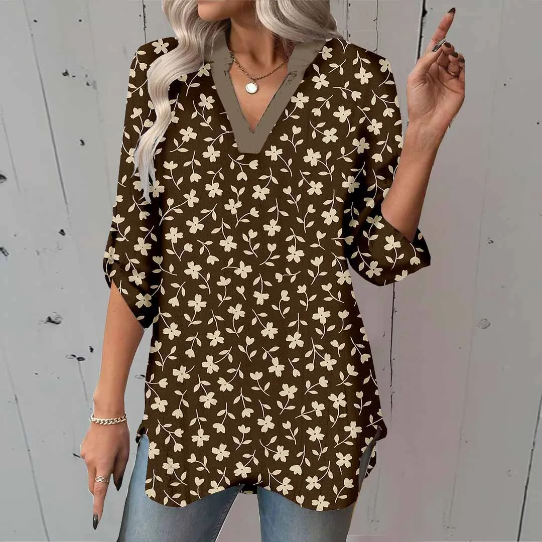 Women Floral,Beige DZGA0018 3/4 Sleeve V-neck Printed Graphic Button Tops