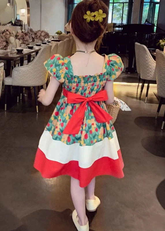 Chic Green Square Collar Print Patchwork Cotton Girls Dresses Summer