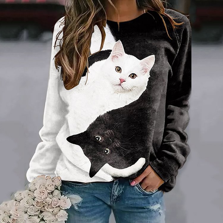Black And White Cat Print Long Sleeve Crewneck Sweatshirt