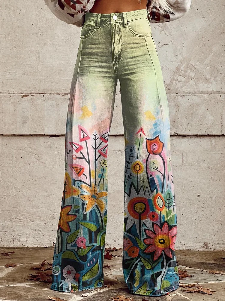 Women's Green Flowers and Plants Print Casual Wide Leg Pants