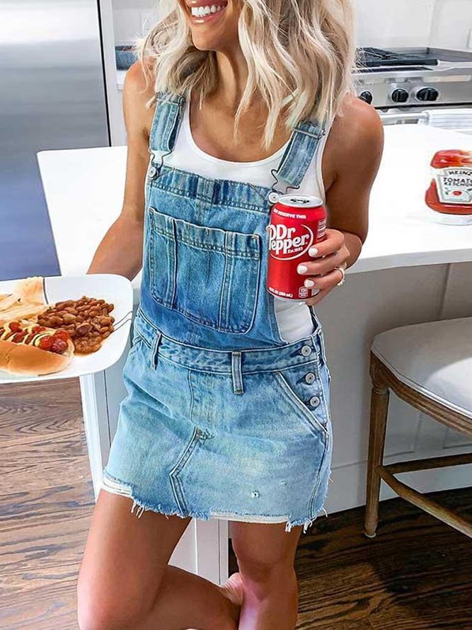 Blue Square Neck Denim Casual One-Pieces